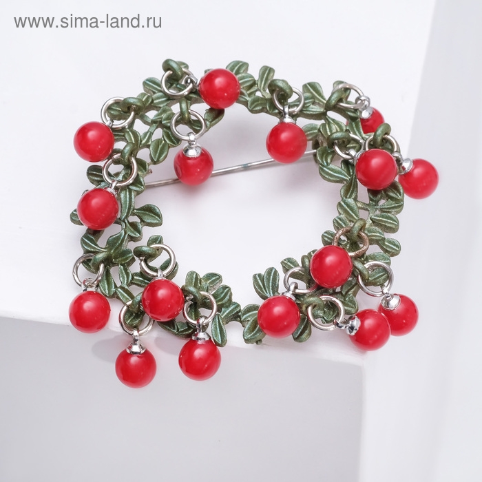 Брошь «Венок» брусничный, цвет красно-зелёный в серебре Брошь «Венок» брусничный, цвет красно-зелёный в серебре