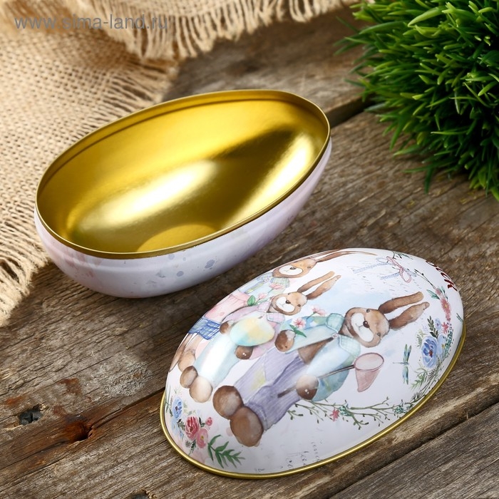 Шкатулка металл яйцо  Шкатулка металл яйцо "Семья кроликов" 11х6,5х7 см