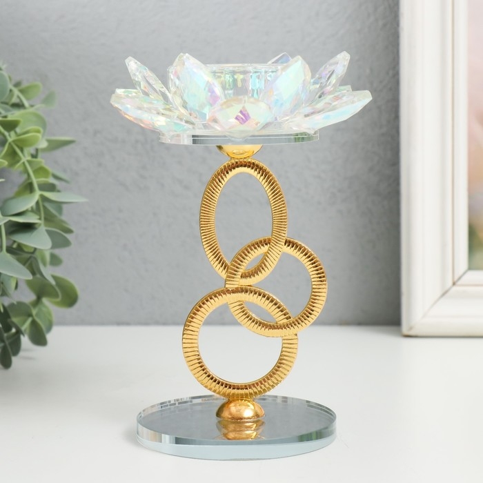 Подсвечник стекло на 1 свечу "Лотос на кольцах" золото d=4,2 см 6,5х6,5х15 см