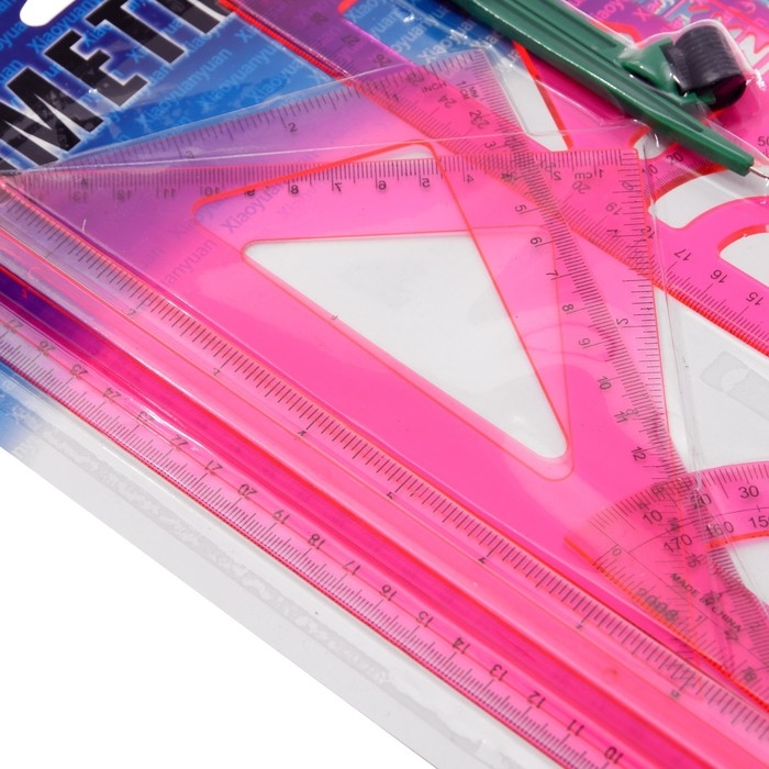 Набор геометрический, чертежный, блистер: линейка 30 см, 2 треугольника, транспортир, ластик, циркуль, линейка с трафаретами, тонированный, МИКС Набор геометрический, чертежный, блистер: линейка 30 см, 2 треугольника, транспортир, ластик, циркуль, линейка с трафаретами, тонированный, МИКС