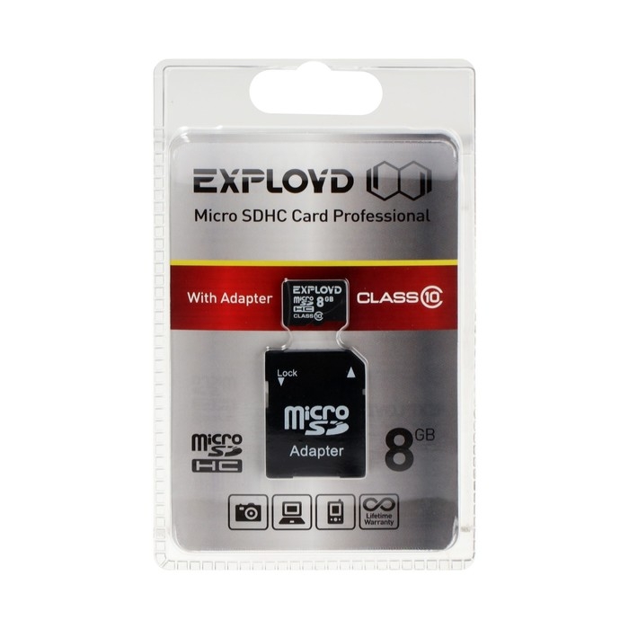 Карта памяти Exployd MicroSD, 8 Гб, SDHC, класс 10, с адаптером SD Карта памяти Exployd MicroSD, 8 Гб, SDHC, класс 10, с адаптером SD