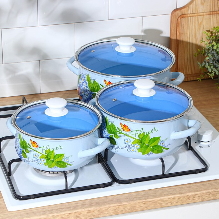 Набор эмалированных кастрюль «Гортензия», 3 предмета: 2 л, 3 л, 4 л, индукция Набор эмалированных кастрюль «Гортензия», 3 предмета: 2 л, 3 л, 4 л, индукция