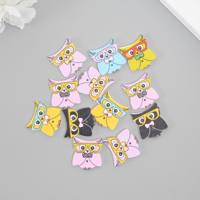 Пуговицы дерево для творчества 2 прокола Пуговицы дерево для творчества 2 прокола "Филин в очках" набор 12 шт 2х2,3 см