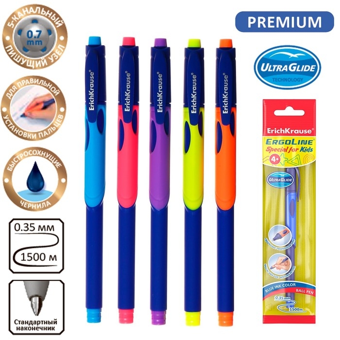 Ручка шариковая ErichKrause ErgoLine Kids, первоклассника, эргономичный держатель, корпус Soft-touch, узел 0.7 мм, чернила синие, микс, блистер Ручка шариковая ErichKrause ErgoLine Kids, первоклассника, эргономичный держатель, корпус Soft-touch, узел 0.7 мм, чернила синие, микс, блистер