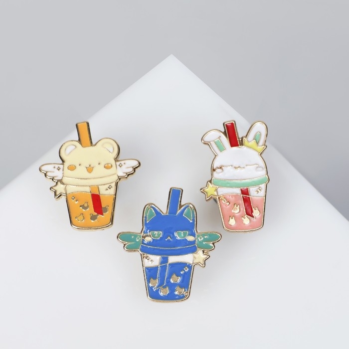 Набор значков (3 шт.) «Стаканчики» зверята, цветные в золоте Набор значков (3 шт.) «Стаканчики» зверята, цветные в золоте