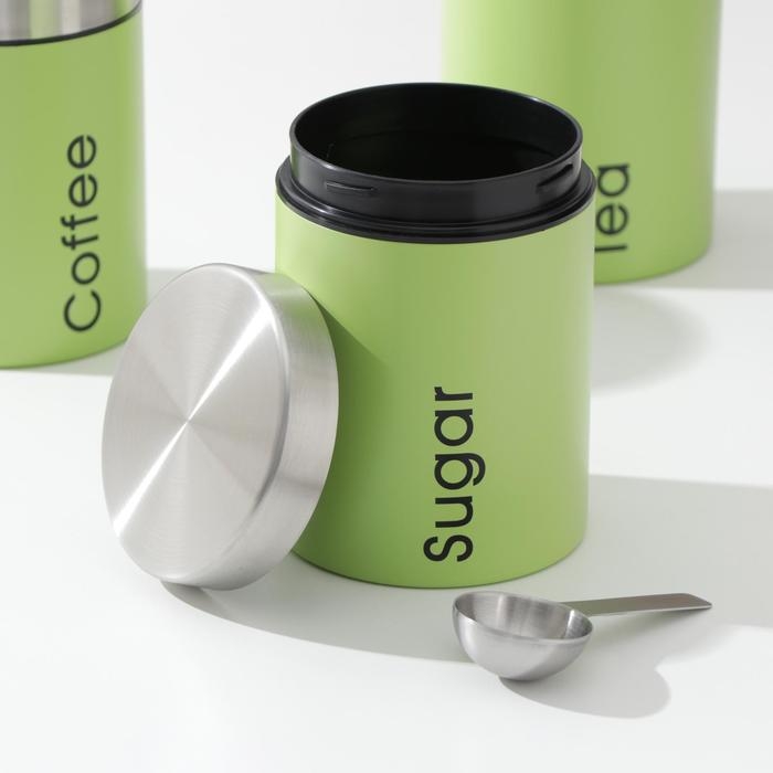 Набор банок для сыпучих продуктов Prime, 3 шт, с ложками, с хлебницей, цвет салатовый