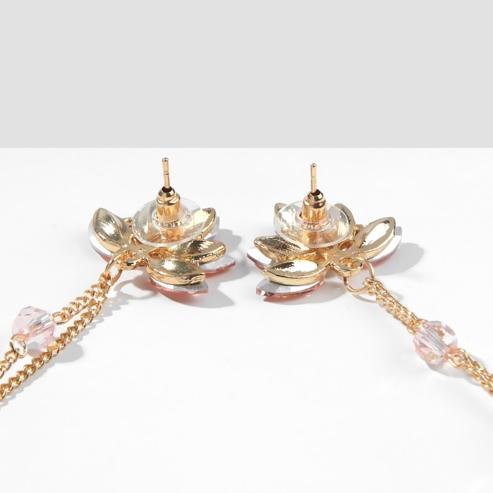 Серьги висячие со стразами «Рассвет» цветочный, цвет розово-белый в золоте, 11,5 см