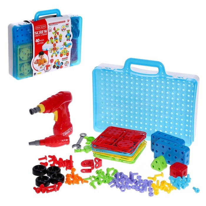 Конструктор в чемодане «Объёмная мозаика», с электрическим шуруповертом, 40 моделей, 200 деталей Конструктор в чемодане «Объёмная мозаика», с электрическим шуруповертом, 40 моделей, 200 деталей