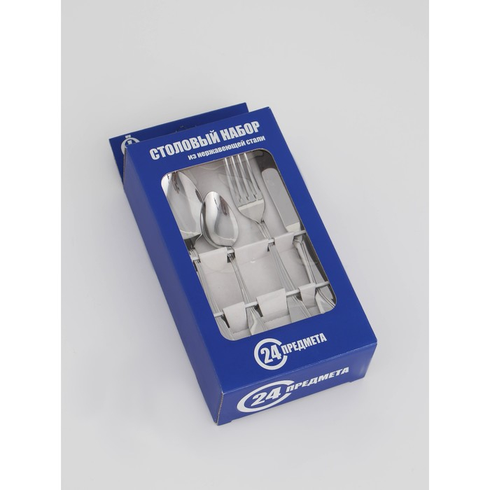 Набор столовых приборов «Волна», 24 предмета, картонная коробка с окном, цвет серебряный Набор столовых приборов «Волна», 24 предмета, картонная коробка с окном, цвет серебряный