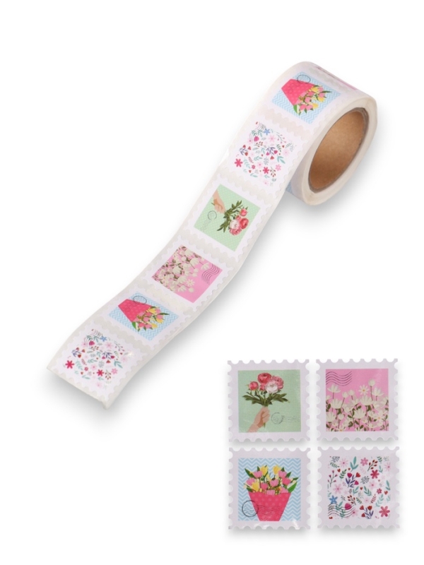 Наклейка бумага Наклейка бумага "Марки. Цветочки" 3х3 см 200 шт в рулоне