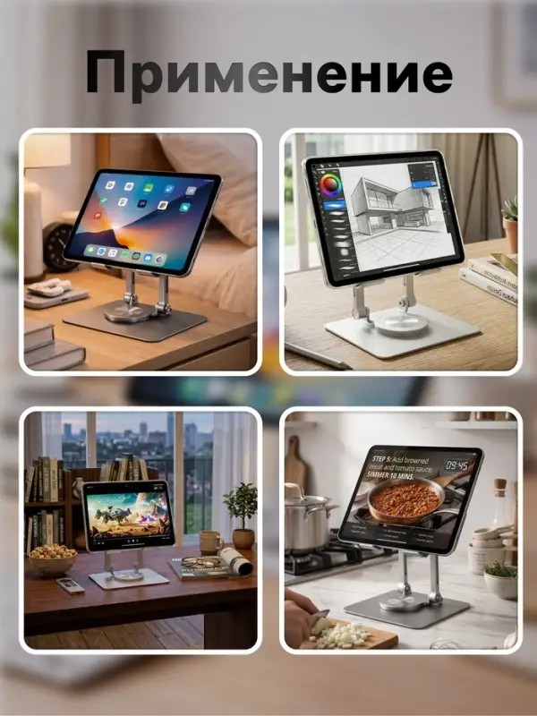 Подставка для планшета, регулируемая складная, поворот на 360&deg;, металл, серебристая