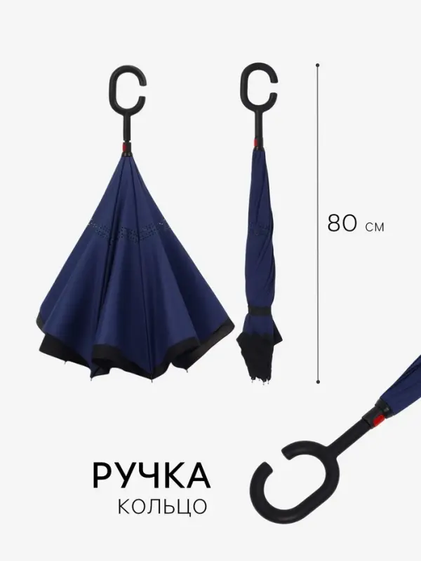 Зонт - наоборот &laquo;Однотон&raquo;, механический, 8 спиц, R=53/61 см, d=106 см, чёрный, синий