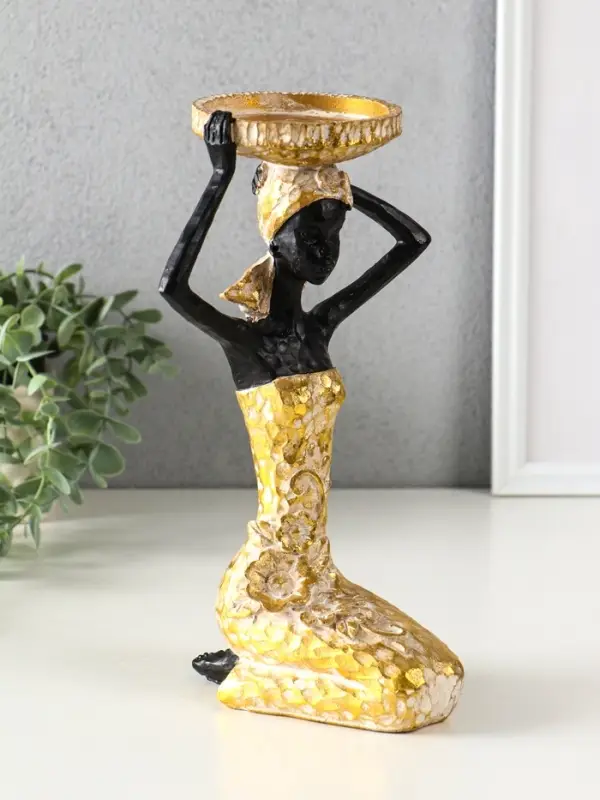 Подсвечник полистоун Подсвечник полистоун "Африканка в косынке с цветами" золото d=8 см 14х15х27,5 см