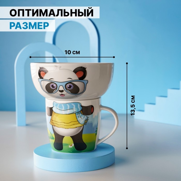 Набор детской посуды из керамики Доляна «Панда», 2 предмета: кружка 230 мл, миска 400 мл, цвет белый Набор детской посуды из керамики Доляна «Панда», 2 предмета: кружка 230 мл, миска 400 мл, цвет белый