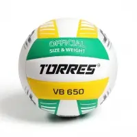 Волейбольный мяч TORRES VB 650, размер 5, бутиловая камера, клееный, полиуретан, бело-зелёно-жёлтый