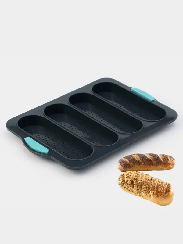 Форма для выпечки с перфорацией &laquo;Хлеб&raquo;, силикон, 35.5&times;23.5&times;2.5 см, 4 ячейки (20&times;6.2&times;2.4 см), тёмно-серый