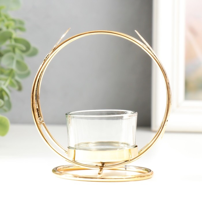 Подсвечник металл, стекло на 1 свечу "Пёрышки" d-4 см золото 7,5х10х11 см