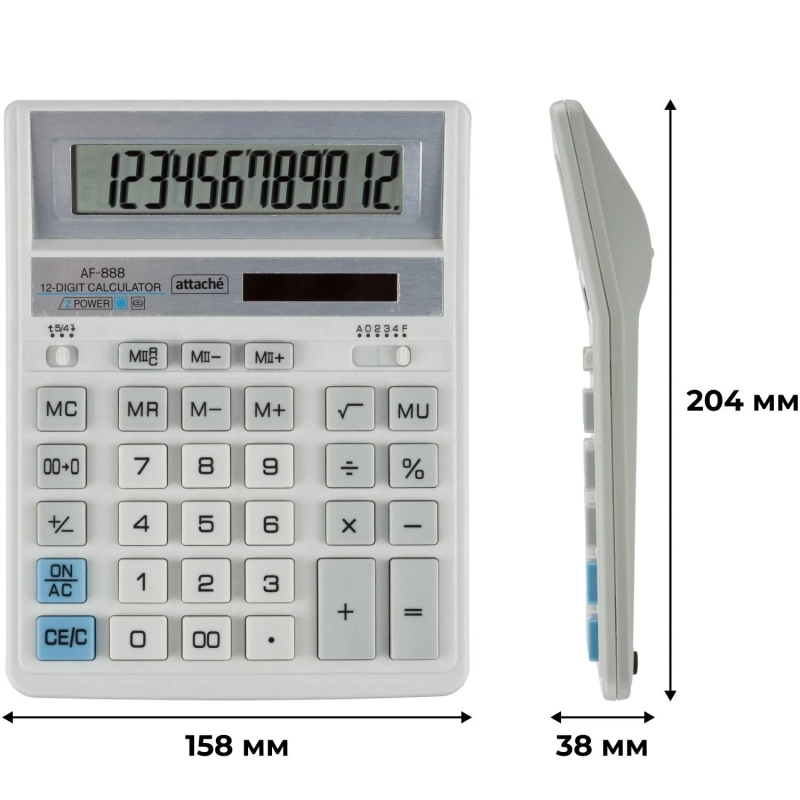 Калькулятор настольный ПОЛН/Р Attache AF-888,12р,дв.пит,204x158мм, белый