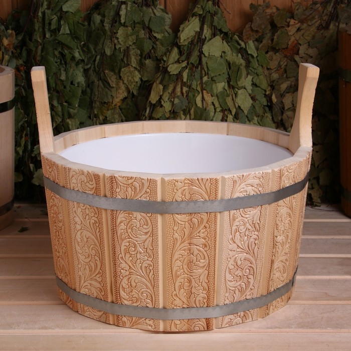 Шайка из липы круглая, 8л, пластиковая вставка Русский узор Шайка из липы круглая, 8л, пластиковая вставка Русский узор