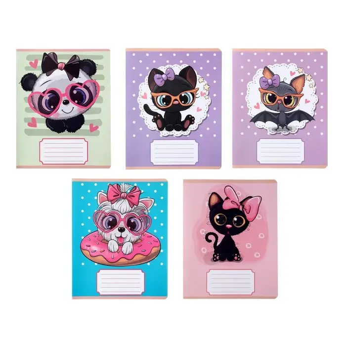 Тетрадь 12 листов в узкую линию Calligrata "Милашки с бантиком", обложка мелованная бумага, ВД-лак, блок офсет, белизна 95%, МИКС