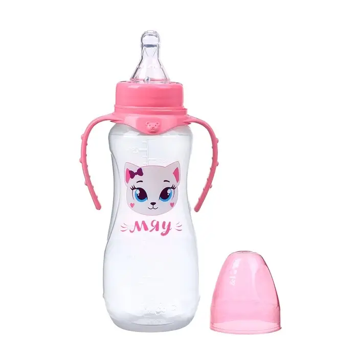 Бутылочка для кормления M&B &laquo;Кошечка Софи&raquo;, классическое горло, приталенная, с ручками, 250 мл., от 3 мес., розовый