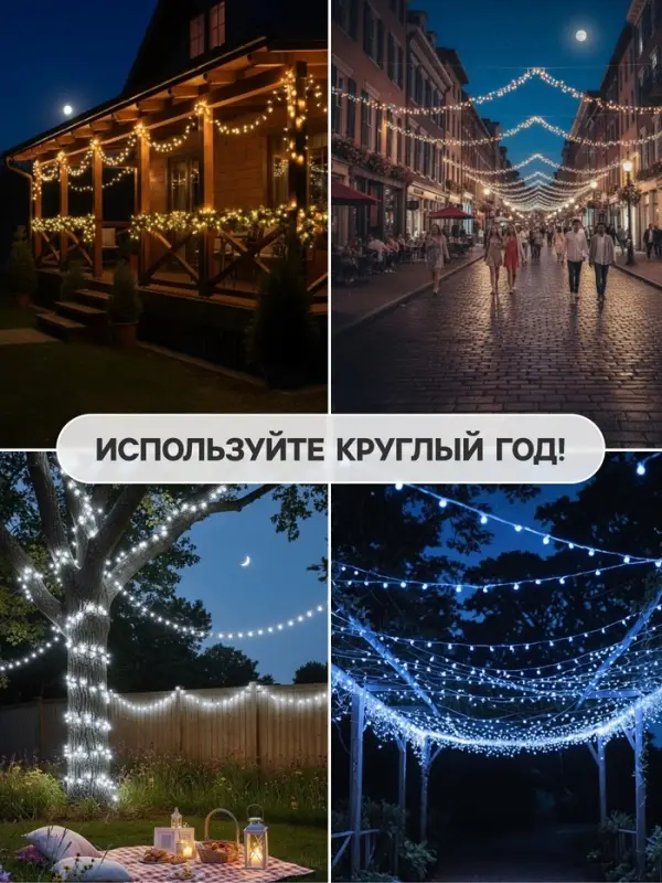 Гирлянда &laquo;Нить&raquo; 10 м, IP44, тёмная нить, 100 LED, свечение мульти, 8 режимов, 220 В