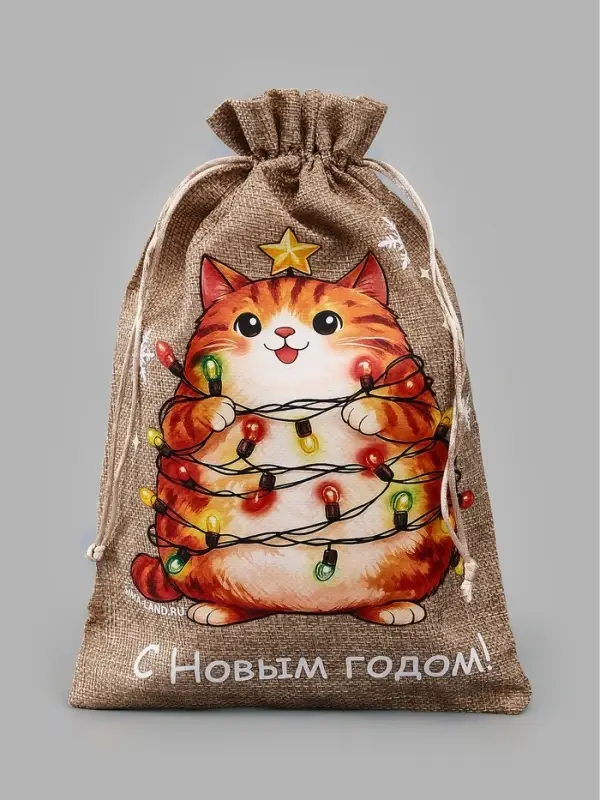 Мешочек подарочный &laquo;Котик&raquo;, новогодний, 20&times;30, бежевый