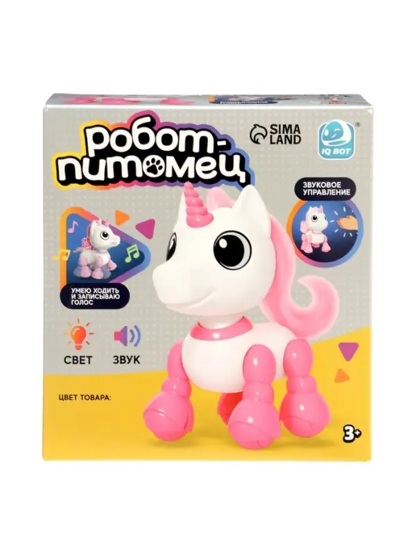 Робот единорог &laquo;Питомец&raquo; IQ BOT, интерактивный: с записью звуков, реагирует на хлопки, звук, свет, на батарейках, розовый