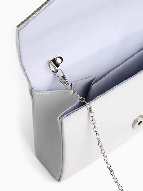 Сумка-клатч женская вечерняя на магните, на длинной цепочке, комбинированная, серая/серебристая