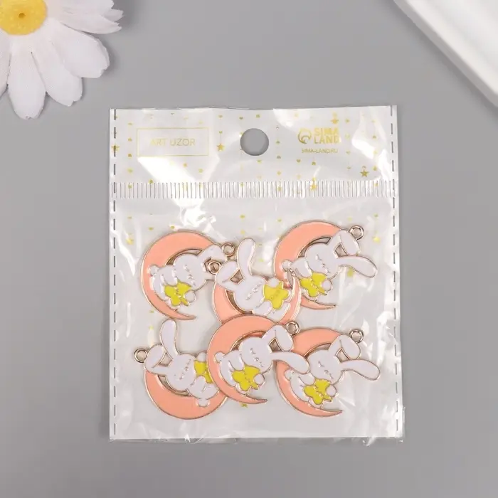 Декор для творчества металл, эмаль Декор для творчества металл, эмаль "Зайчик на розовом месяце" 2,9х2,5 см