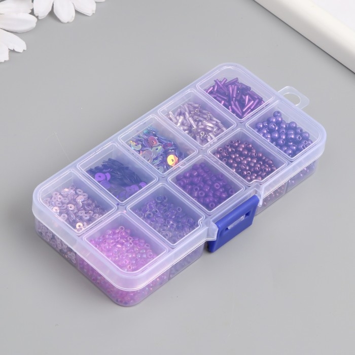 Бисер стекло 8/0, 12/0 в шкатулке  Бисер стекло 8/0, 12/0 в шкатулке "Фиолетовый" бусины, стеклярус и пайетки 13х6,5х2,3 см