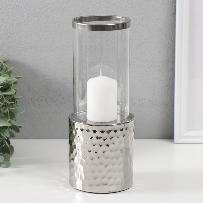 Подсвечник керамика, стекло на 1 свечу Подсвечник керамика, стекло на 1 свечу "Нуар. Цилиндр" d=7,5 см серебро 9х9х24 см