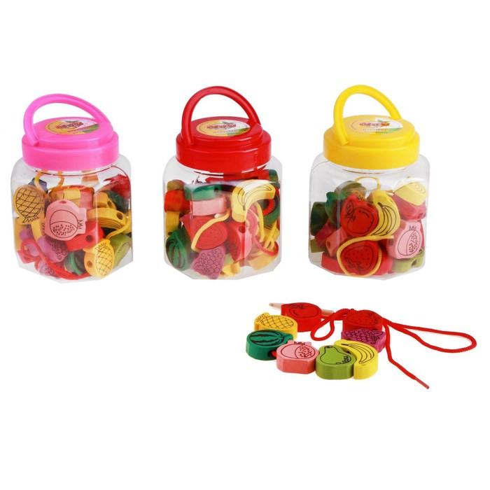 Шнуровка в банке 40 деталей  Шнуровка в банке 40 деталей "Фрукты", 2 иглы дерев , 2 шнурка, цвета МИКС