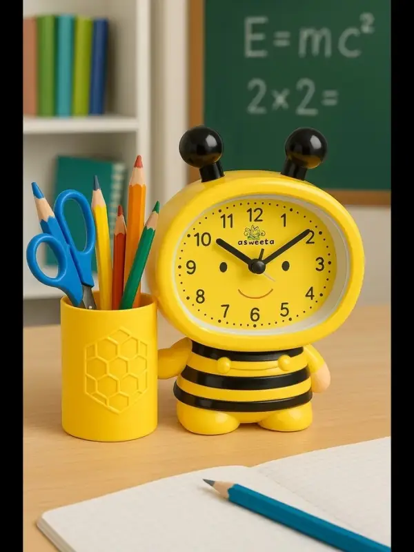 Будильник &laquo;Пчела&raquo;, с карандашницей, дискретный ход, d=9 см, 14.5&times;14 см, от батарейки АА, жёлтый