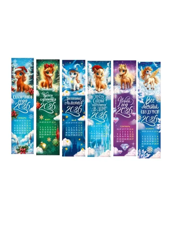 Календарь 2026 закладки, «Волшебные лошадки», набор 6 шт. Календарь 2026 закладки, «Волшебные лошадки», набор 6 шт.