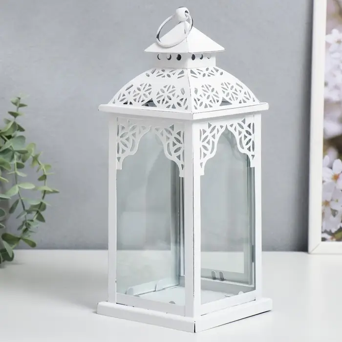 Подсвечник металл "Фонарь - ажур" белый 11,5х11,5х29 см