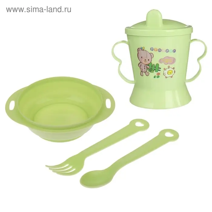 Детская посуда в наборе, 4 предмета: миска, ложка, вилка, поильник с твёрдым носиком 200 мл, цвета МИКС