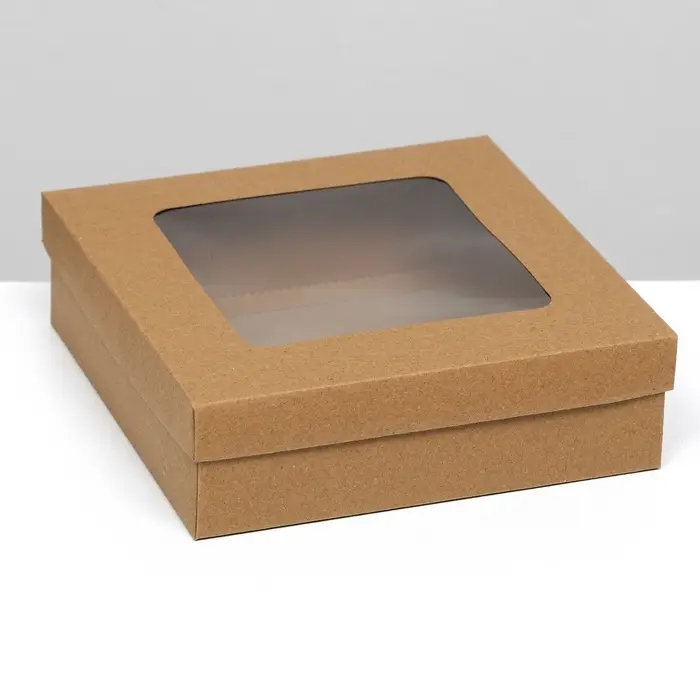 Коробка подарочная складная, упаковка, крышка - дно, с окном, крафт, 20&times;20&times;6 см