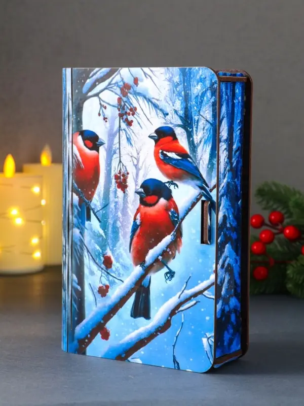 Книга-шкатулка новогодняя №3 "Три снегиря ".  19х13х5 см