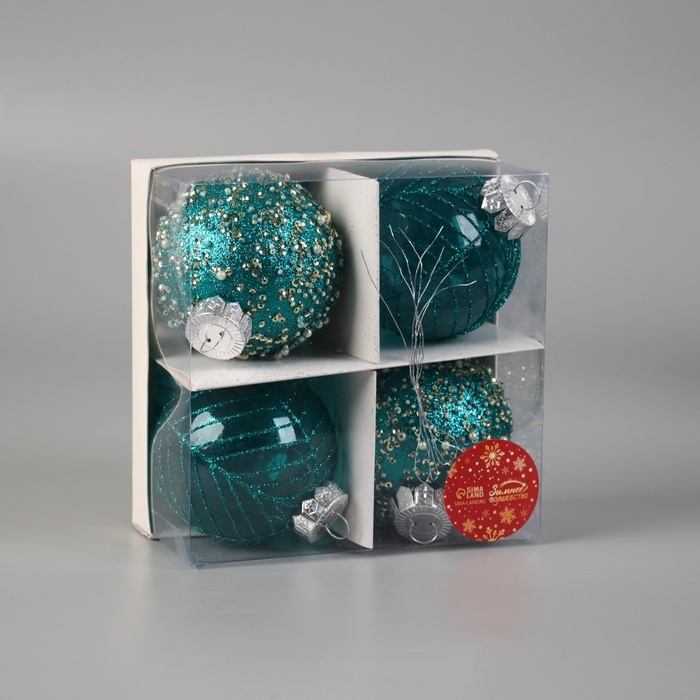 Набор шаров пластик d-8 см, 4 шт Набор шаров пластик d-8 см, 4 шт "Аустен" паутинка, бирюзовый