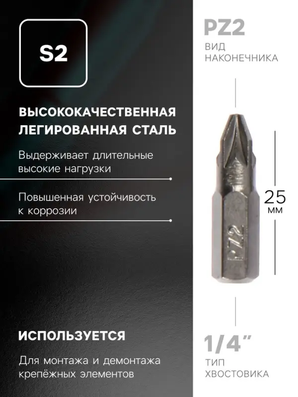 Биты ТУНДРА, намагниченные, сталь S2, PZ2 х 25 мм, 2 шт. Биты ТУНДРА, намагниченные, сталь S2, PZ2 х 25 мм, 2 шт.