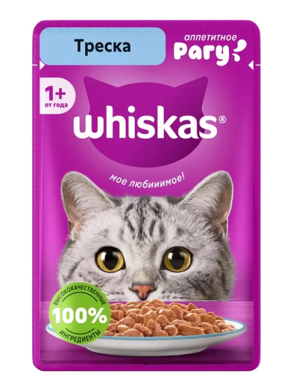 Влажный корм Whiskas для кошек, рагу треска,  75г