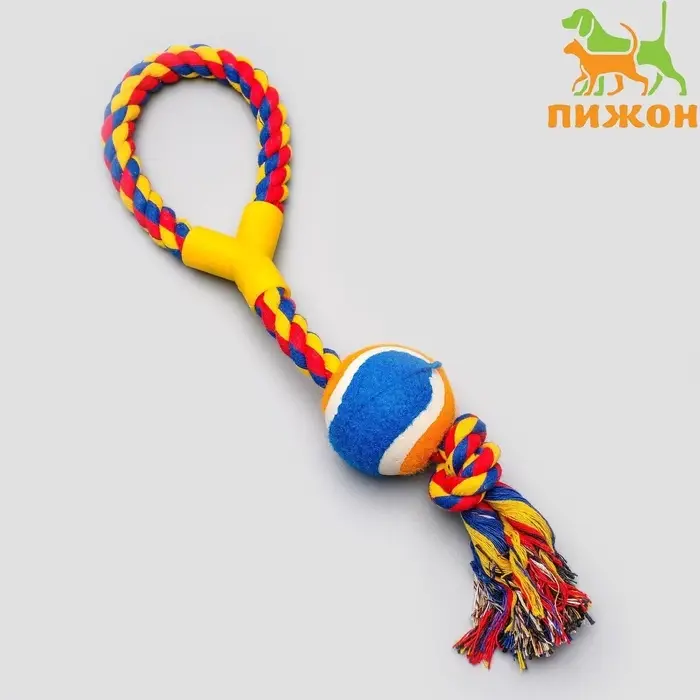 Игрушка канатная с ручкой и мячом, до 150 г, до 35 см, цвет МИКС