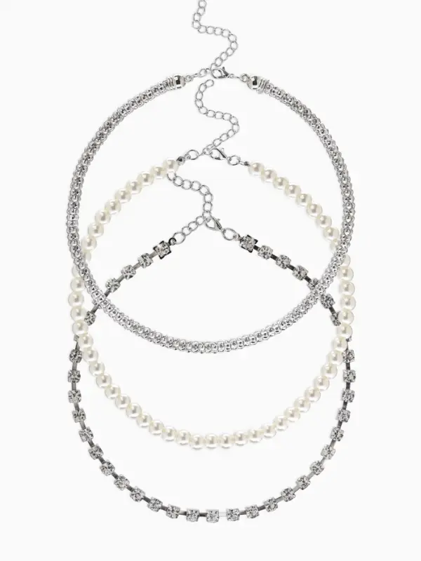 Чокер "Стиль" (набор 3шт) шар №8, со стразинками, тянется, 35+удл, цвет белый в серебре