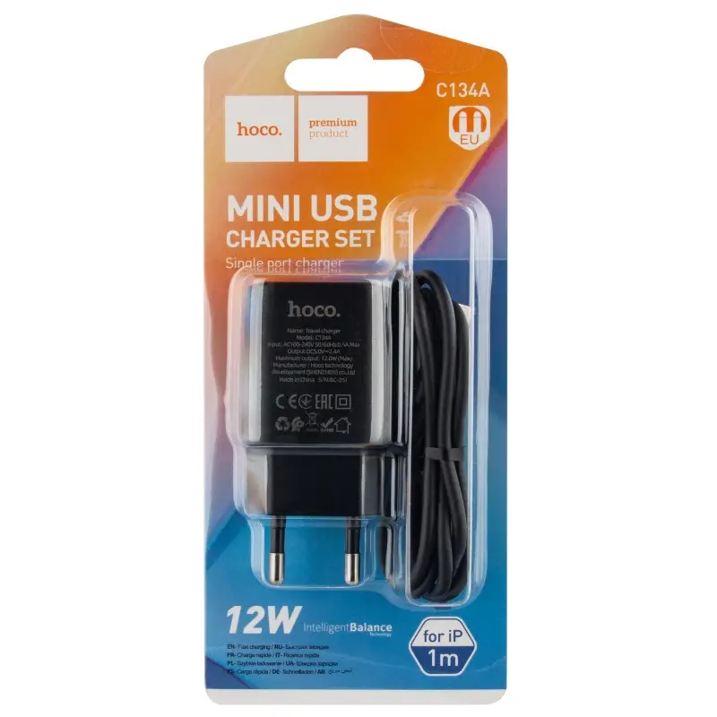 Сетевое зарядное устройство с кабелем USB на Lightning 2.4A C134A HOCO черное
