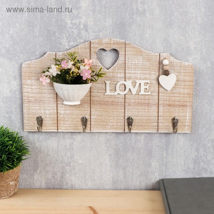 Крючки декоративные дерево Крючки декоративные дерево "Вазон с цветами с сердечком" 19,5х35х3,5 см