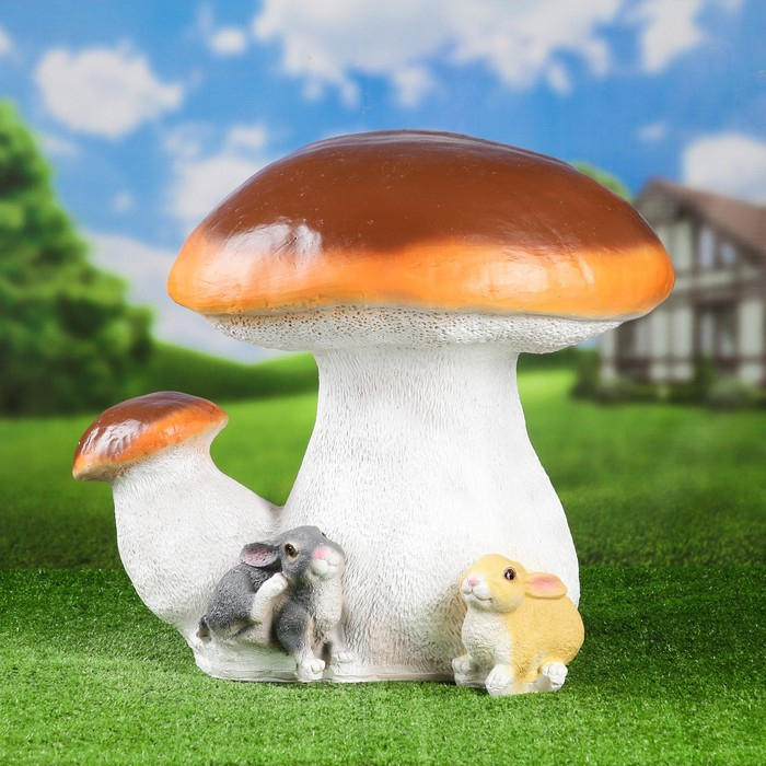 Садовая фигура  Садовая фигура "Гриб белый двойной с зайчатами" 58х52см