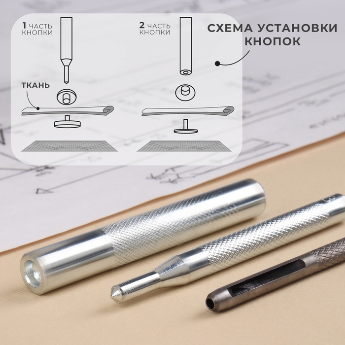 Набор инструментов для ручной установки S-образных кнопок, с матом, №831, d = 15 мм Набор инструментов для ручной установки S-образных кнопок, с матом, №831, d = 15 мм