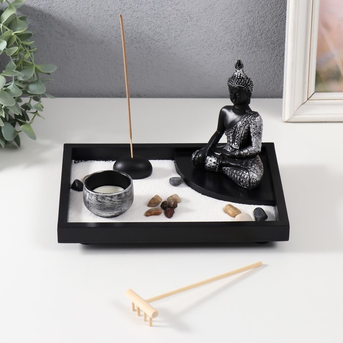 Сад Дзен  Сад Дзен "Будда в серебристом одеянии" песок+аромапалочка+камни 21,7х15,6х14,8 см