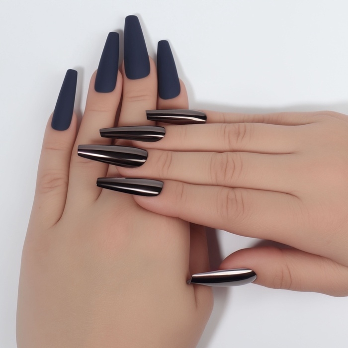 Накладные ногти, 12 шт, с клеевыми пластинами, форма балерина, матовый/хромированный, цвет синий/чёрный Накладные ногти, 12 шт, с клеевыми пластинами, форма балерина, матовый/хромированный, цвет синий/чёрный